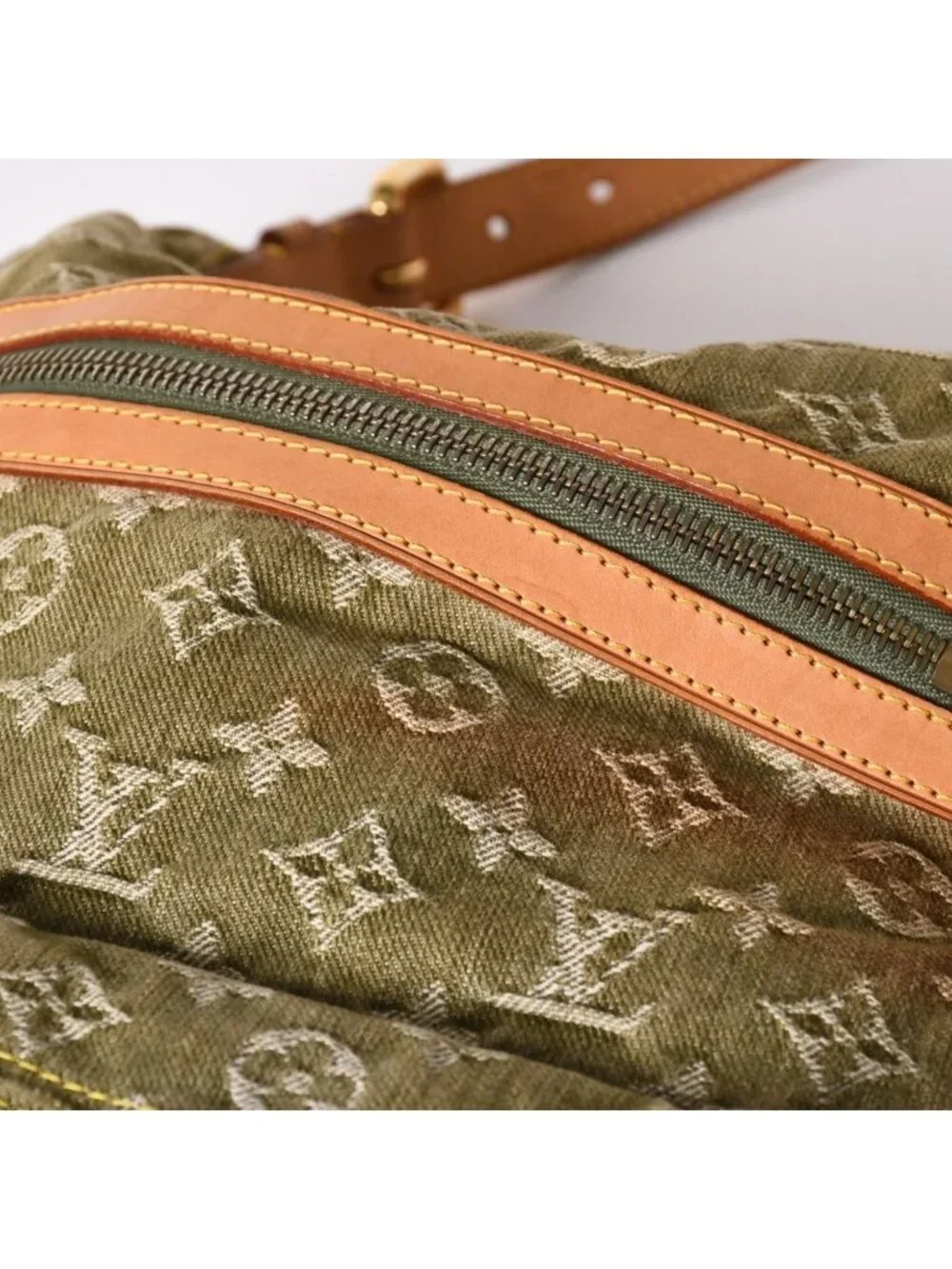 Louis Vuitton Monogram Denim Baggy GM Green White Gold Vachetta Leather